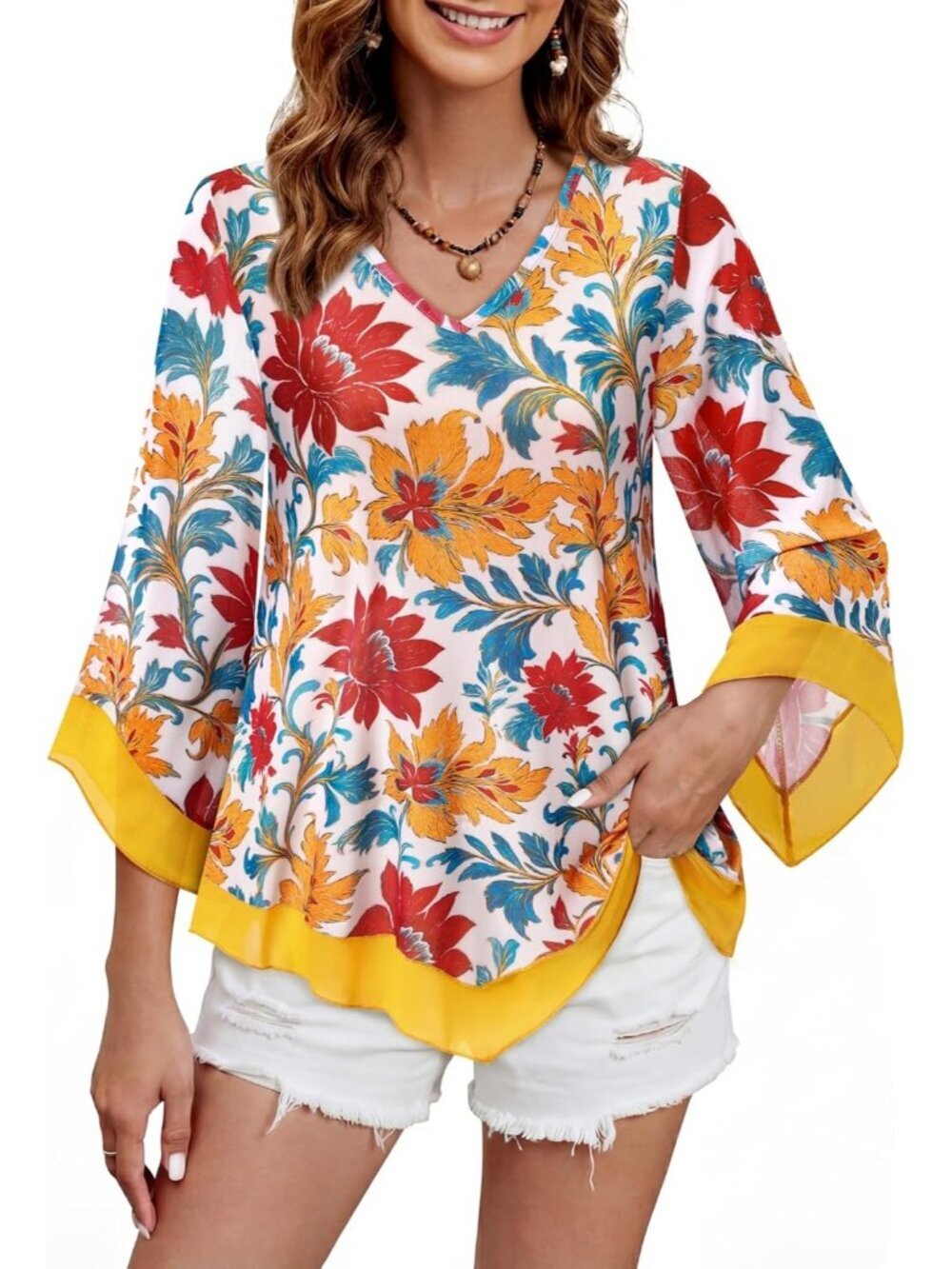 Women's Mesh Shirt Yellow Double Layer Ruffle 3/4 Flared Sleeve Blouse Tunic Top